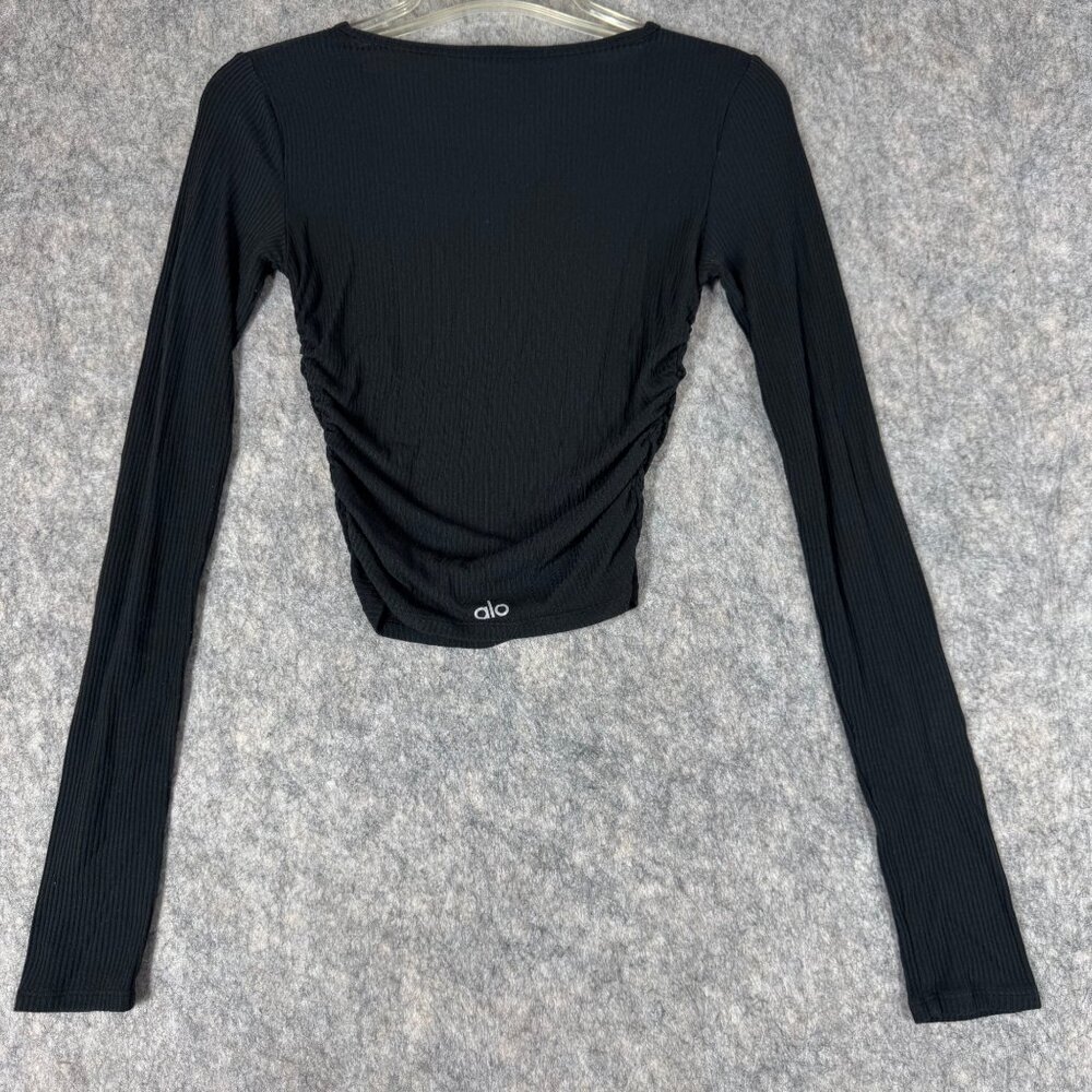 Alo Gather Long Sleeve Top Black Ribbed Sz S XS? Ruched Cropped - Picture 4 of 6